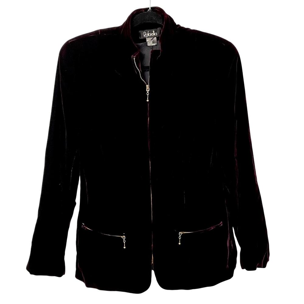 Rafaella Velvet Jacket Burgundy Black Size 4 Zip Witchy Gothic Whimsigoth Pocket